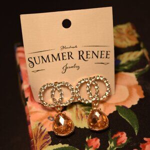 Gold Rhinestone Circle Drop Earrings with Amber Teardrop Crystals -Handmade